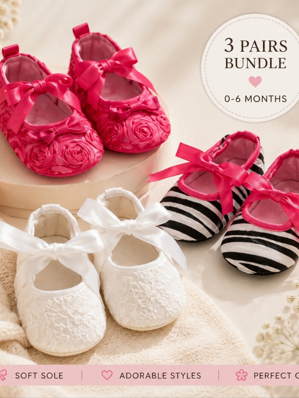 3 Pair Baby Girl Ballet Shoes Pink Zebra White 0-6M